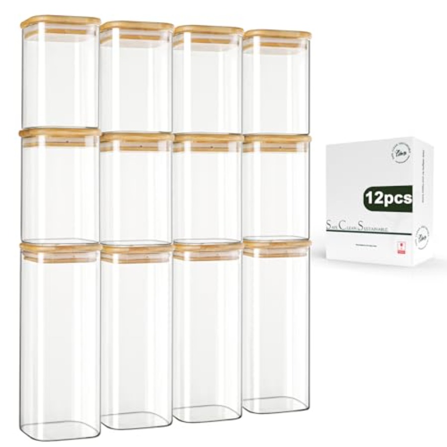 Food Storage Acrylic Containers - 12-Pack Square Glass Storage Jars with