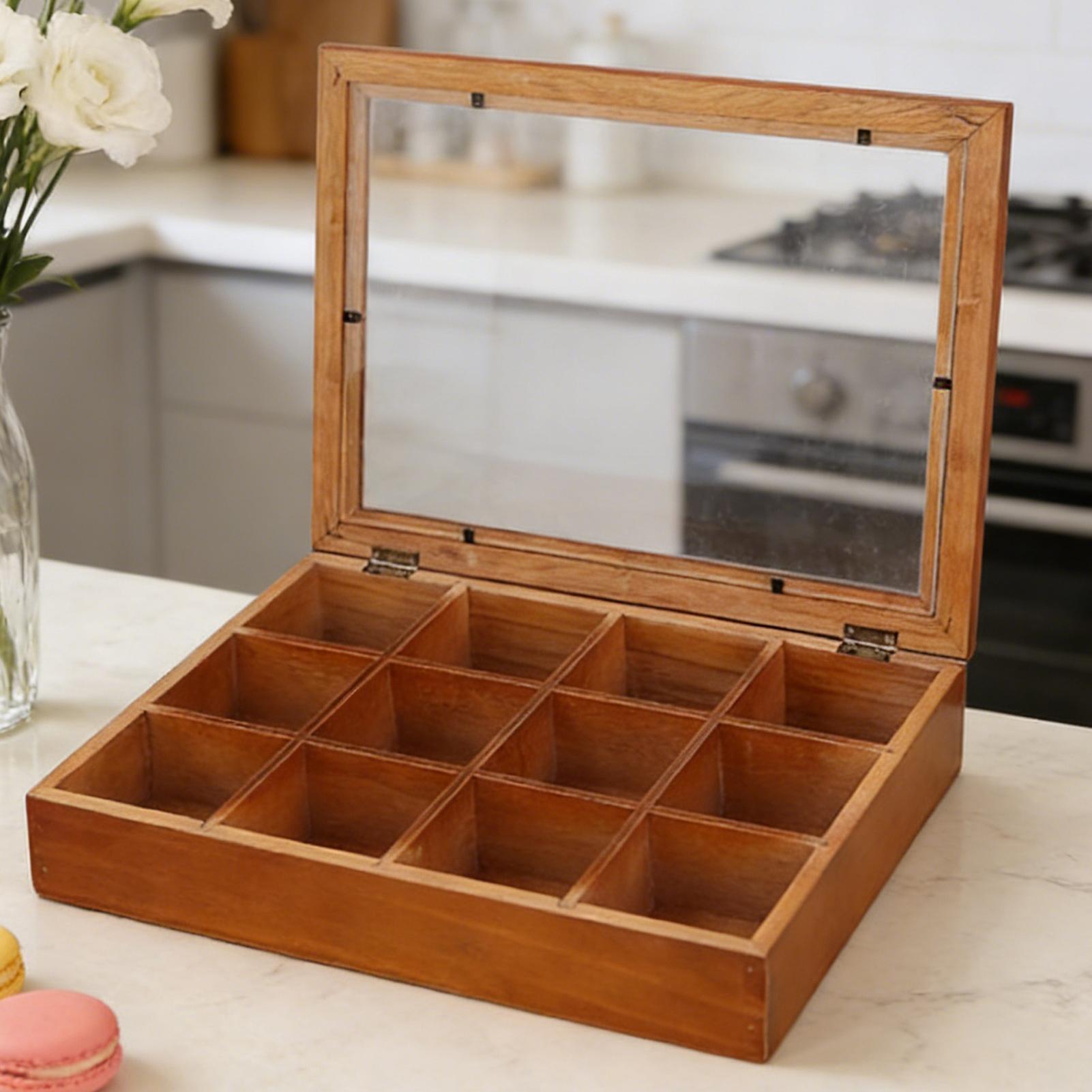 Stackable Pantry Bin - Tea Bag Storage 12-Compartments Wooden Box