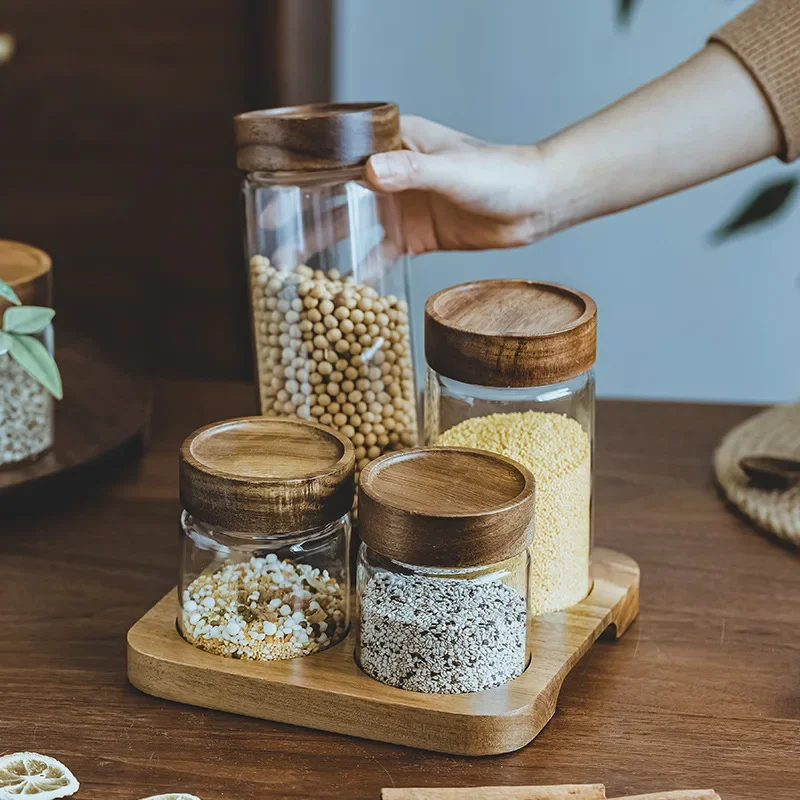Food Storage With Glass Lids - Wood Lid Orgnizer Glass Airtight Canister