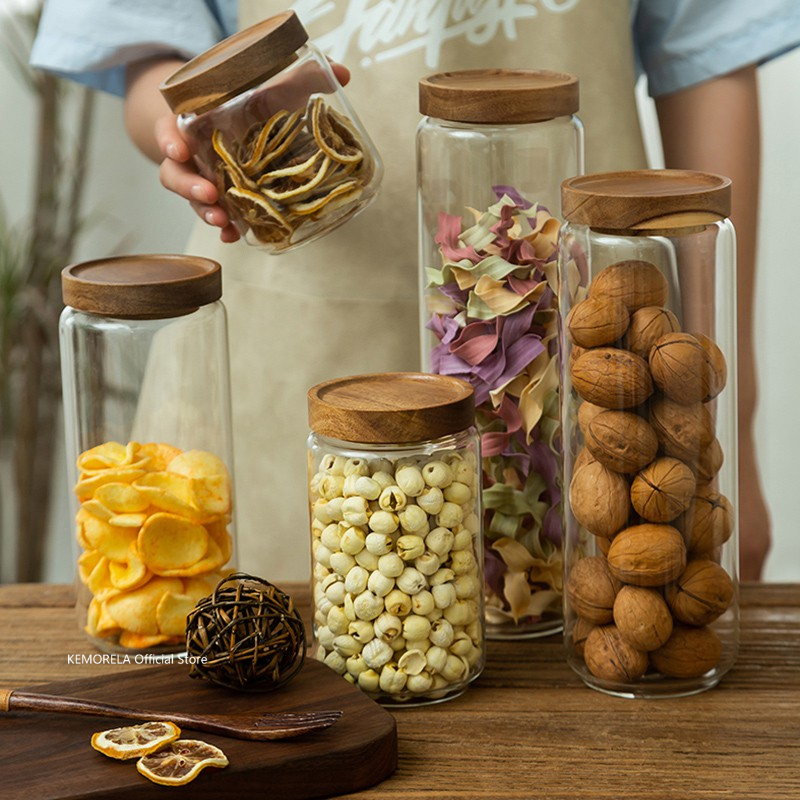 Wood Lid Glass Airtight Canist - đánh giá và giá Food Storage With Glass Lids